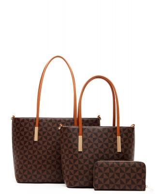 3in1 Designer Monogram Handbag Wallet Set 007-8233W BROWN